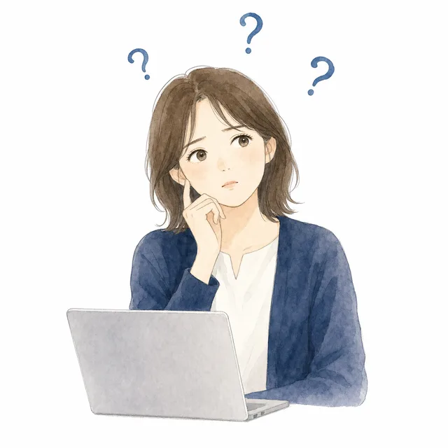 「会社のファイルをアップロードして大丈夫？」と首をかしげる事務担当の女性のイラスト