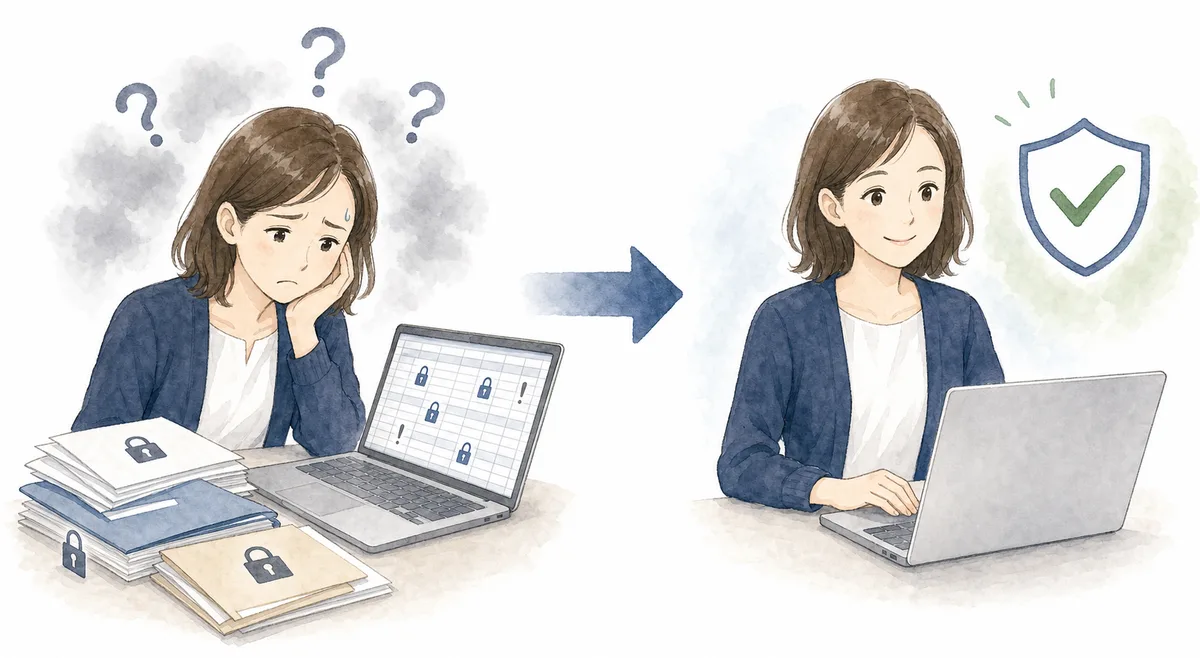 機密情報が入ったExcelの取り扱いに悩んでいた事務担当者が、ファイルは解析後すぐに削除され、セルの値（金額・取引先名）はAIに送信されないと分かって安心している様子のイラスト
